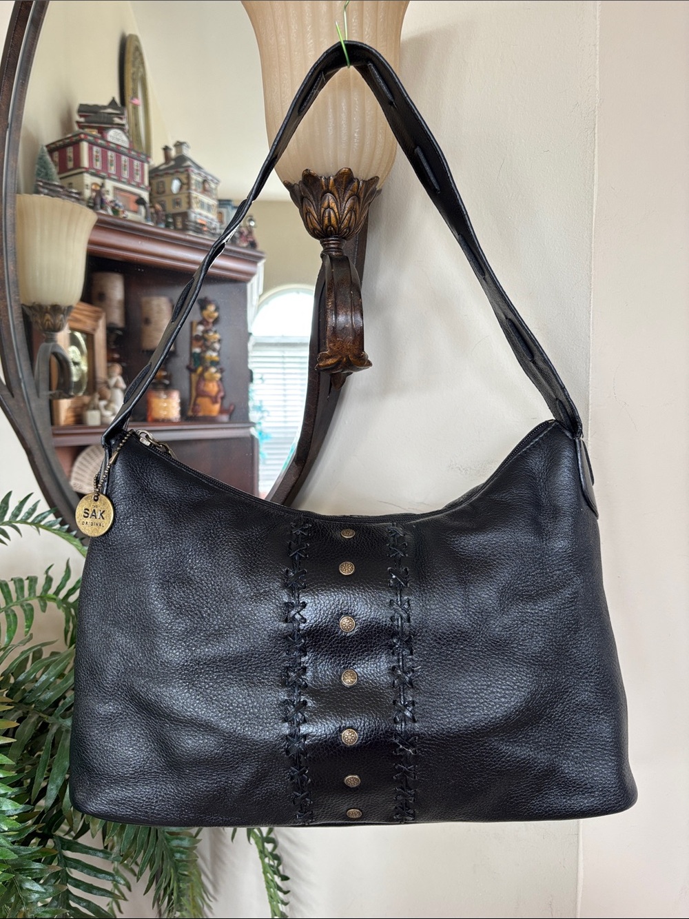 Vintage THE SAK Genuine Leather Black Zippered Hobo Shoulder Bag Studded Braided